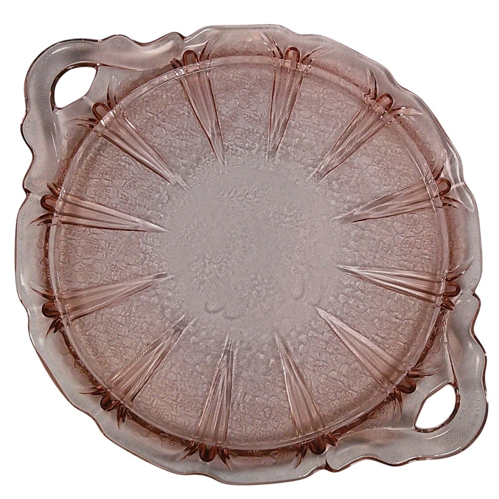 Jeannette Cherry Blossom Cake Plate 10.5in Pink Glass Vintage 2-Handle